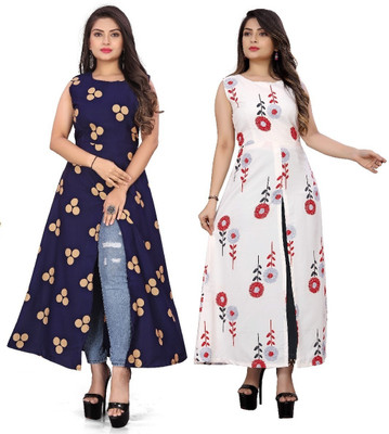 maruti fab Women Printed Frontslit Kurta(Blue)
