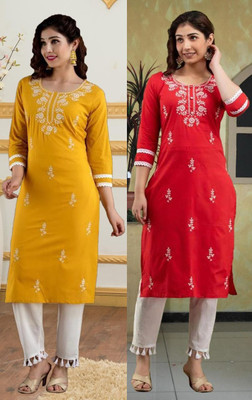 vikshi Women Chikan Embroidery A-line Kurta(Multicolor)