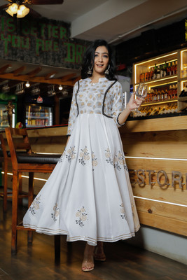INDI INSIDE Women Block Print Anarkali Kurta(White)