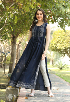 STRAYLO Women Embroidered Anarkali Kurta(Dark Blue)