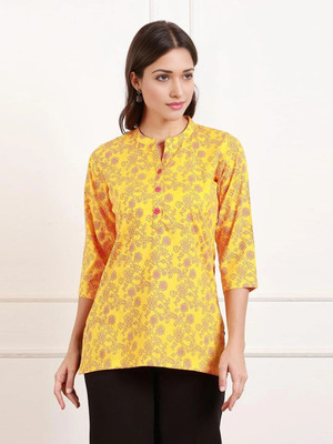 TRUE SHAPE Women Printed Straight Kurta(Yellow)
