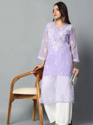 Jagven Fab Women Chikan Embroidery Straight Kurta(Purple)
