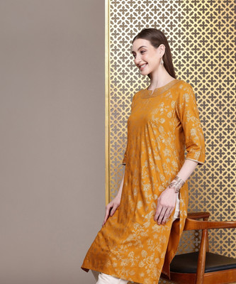 House of Pataudi Women Printed Straight Kurta(Yellow)