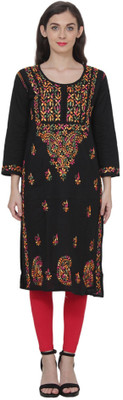 Nazaqat Women Chikan Embroidery A-line Kurta(Black)