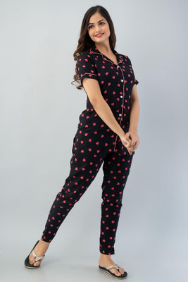 KightLevel Women Printed Black Shirt & Pyjama set