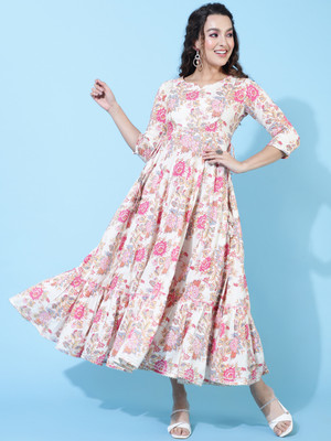 Gulmohar Jaipur Women Printed Flared Kurta(White)