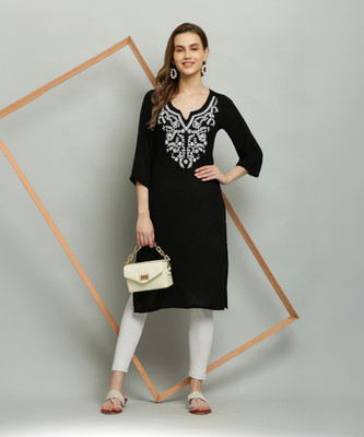 Mallory Winston Women Embroidered A-line Kurta(Black)