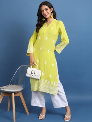 Vishudh Women Printed Straight Kurta(Light Green, White)