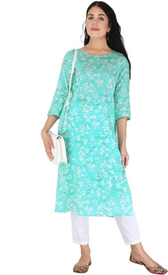 HouseOfCommon Women Floral Print Straight Kurta(Light Blue, White)