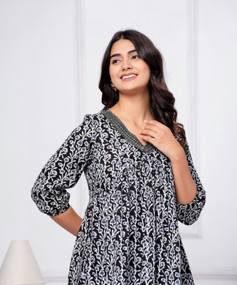 BRF Women Printed A-line Kurta(Black)
