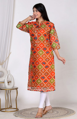 Anvay Creation Women Floral Print A-line Kurta(Orange)
