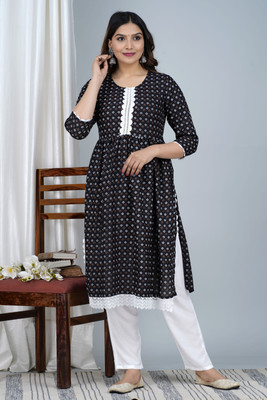 Lihimisu Women Geometric Print A-line Kurta(Black)
