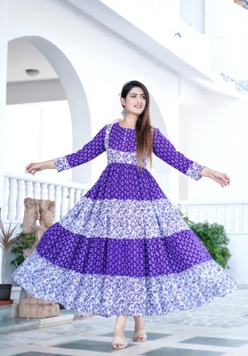 fastal look Women Printed Anarkali Kurta(Purple, White)