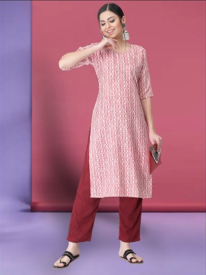 EthnicBasket Women Striped Straight Kurta(Pink, White)