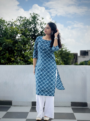 Kurtiking Women Printed Straight Kurta(Blue)