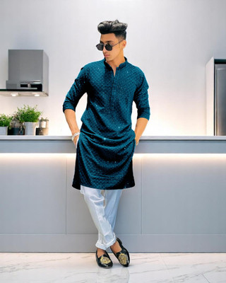 TRUST OUS Men Embroidered Straight Kurta(Light Green)