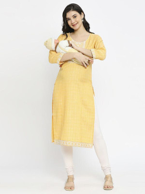 TRUE SHAPE Women Embroidered A-line Kurta(Yellow, White)