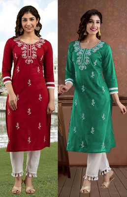 vikshi Women Chikan Embroidery Straight Kurta(Multicolor)