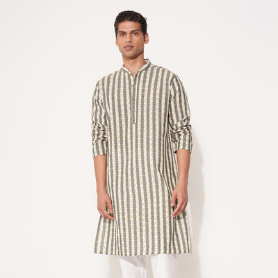 Indus Route by Pantaloons Men Striped Straight Kurta(Beige)