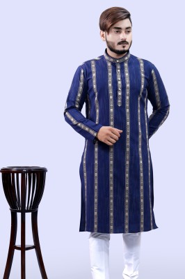 Tibra Collection Men Striped Straight Kurta(Dark Blue)