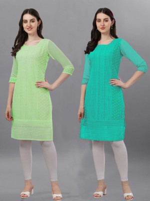 ZAZADIYA ENTERPRISE Women Chikan Embroidery Straight Kurta(Light Blue, Light Green)
