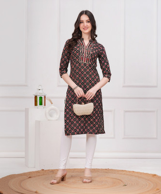 Fashion Point Women Printed Straight Kurta(Black)