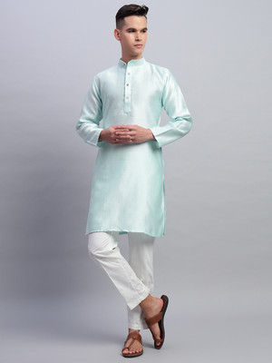 rutva Men Embroidered Straight Kurta(Light Blue)