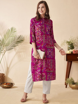 ANOUK Women Geometric Print Straight Kurta(Pink)