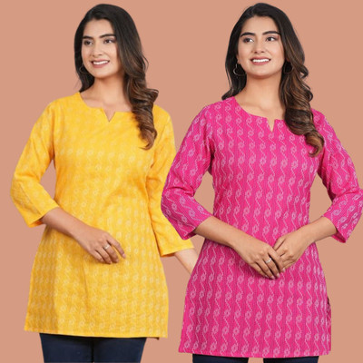 AOSLY Women Printed Straight Kurta(Yellow, Pink)