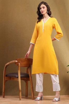 BIBA Women Solid Straight Kurta(Yellow)
