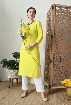 OVYA Women Striped Straight Kurta(Yellow)