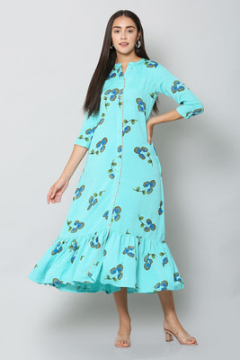 vaaba Women Printed Flared Kurta(Blue)
