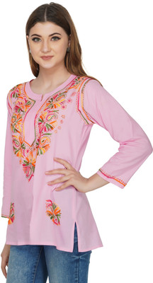 VAHSON Women Chikan Embroidery, Embroidered Straight Kurta(Pink, Multicolor)