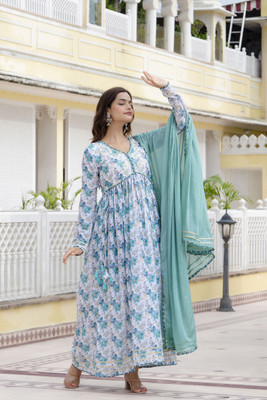 ANOUK Women Embroidered A-line Kurta(Green)