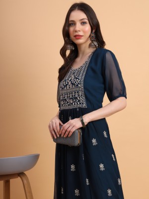 Sofisty Women Embroidered Anarkali Kurta(Dark Blue, Gold)