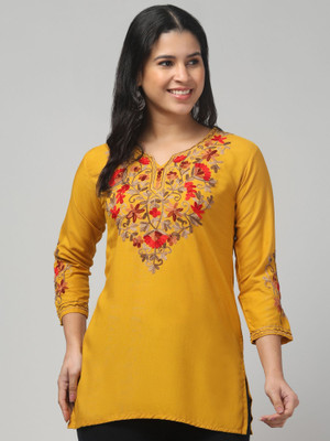 STYLE PREZONE Women Embroidered A-line Kurta(Yellow)