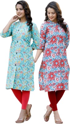 MANISHIKA Women Block Print Straight Kurta(Red, Light Blue)