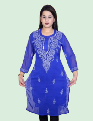 KKHASHER Women Embroidered Straight Kurta(Blue)