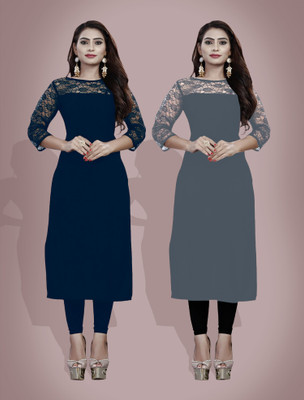 Maheshvi Women Self Design, Solid Straight Kurta(Grey)