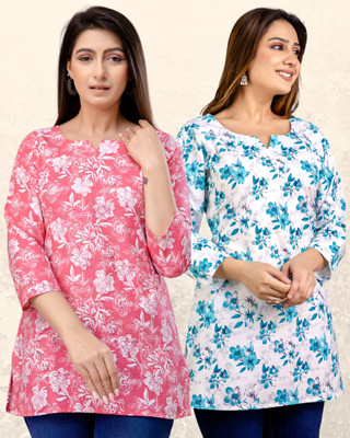 WULAMIA Women Floral Print A-line Kurta(Pink, Blue)