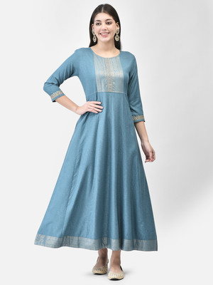 Span Women Self Design A-line Kurta(Blue)