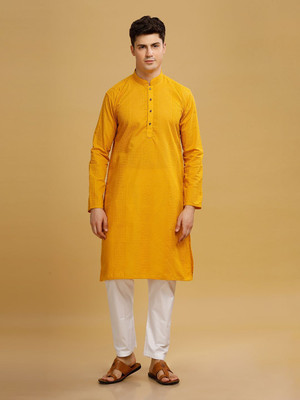 ANOUK Men Abstract Straight Kurta(Yellow)