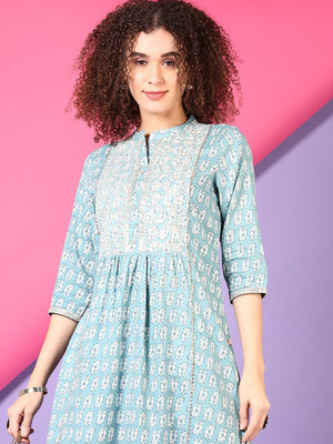 V-MART Women Self Design A-line Kurta(Light Blue)