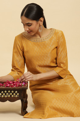 W Women Solid Straight Kurta(Yellow)