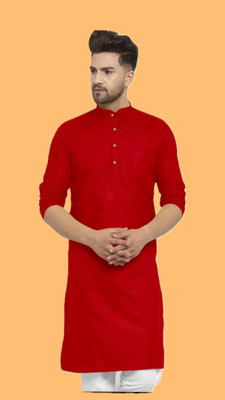 HouseOfCommon Men Solid A-line Kurta(Red)