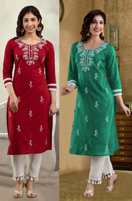 vikshi Women Embroidered Straight Kurta(Maroon, Green)