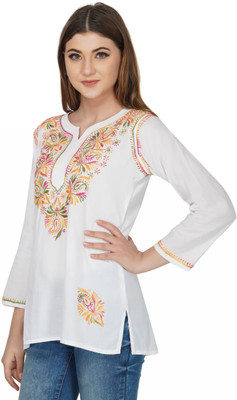 VAHSON Women Chikan Embroidery, Embroidered Straight Kurta(White)