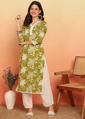 VBUYZ Women Printed Straight Kurta(Yellow)