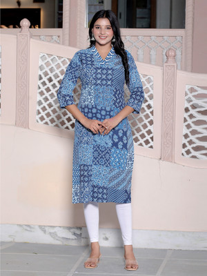 Jevi Prints Women Printed Straight Kurta(Blue)