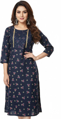SARANS Women Floral Print, Printed, Embellished, Self Design Straight Kurta(Dark Blue)